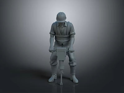 3D Model Of Worker Wearing Safety Helmet And Work Uniform Holding Tool On Gray Background 3d model