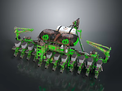 Green Agricultural Multi Row Planter Machine with Seed Units and Storage Tank for Farm Planting 3d model