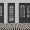 Dark Colored Doors With Glass Panels And Blinds On Terracotta Wall And Checkered Floor