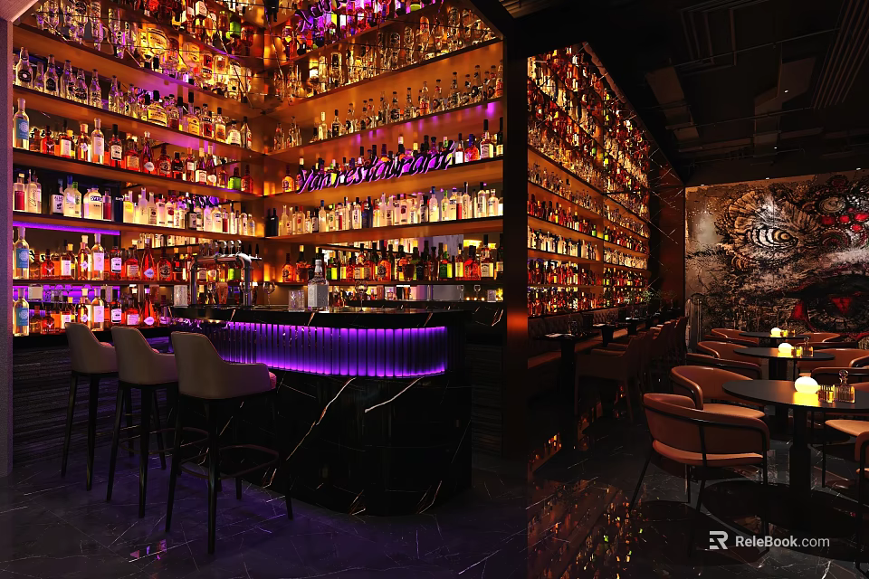 Stylish Bar Interior With Rows Of Colorful Bottles Illuminated Counter And Cozy Seats 3d model 