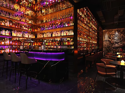 Stylish Bar Interior With Rows Of Colorful Bottles Illuminated Counter And Cozy Seats 3d model