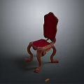 Red Upholstered Single Chair With Carved Wooden Frame And Curved Legs