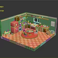 Colorful Kitchen Interior With Green Walls Orange Checkered Floor Red Refrigerator And Pink Chairs