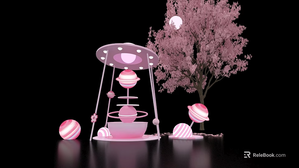 Pink Art Installation With Dome Top Striped Spheres And Cherry Blossom Tree On Dark Background 3d model 