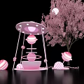 Pink Art Installation With Dome Top Striped Spheres And Cherry Blossom Tree On Dark Background