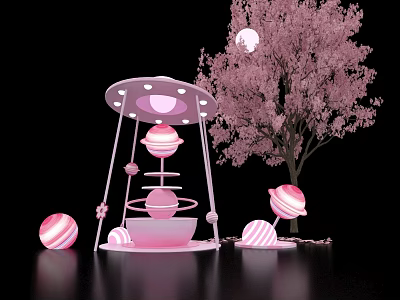 Pink Art Installation With Dome Top Striped Spheres And Cherry Blossom Tree On Dark Background 3d model