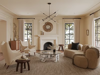 Warm Elegant Living Room Interior With Fireplace Beige Sofa Armchairs And Round Mirror Chandelier 3d model
