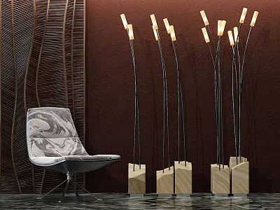 Gray Marble Leisure Chair With Modern Wooden Floor Lamps And Dark Brown Wavy Wall Decor 3d model