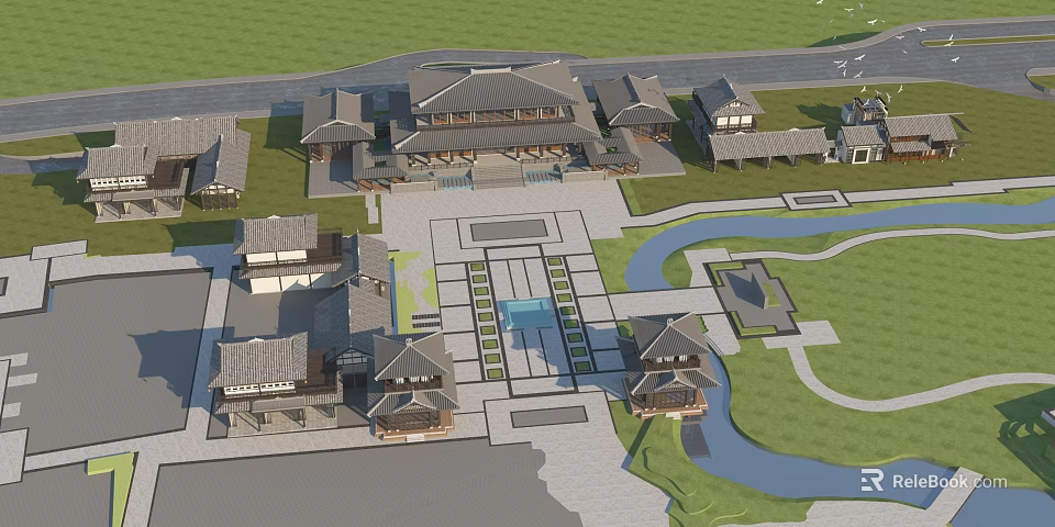 Classical Ancient Architecture Complex Featuring Courtyard Pool Symmetrical Layout And Green Spaces 3d model