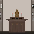 Traditional Wooden Sideboard with Golden Buddha Statue Red Candles and Bookshelves
