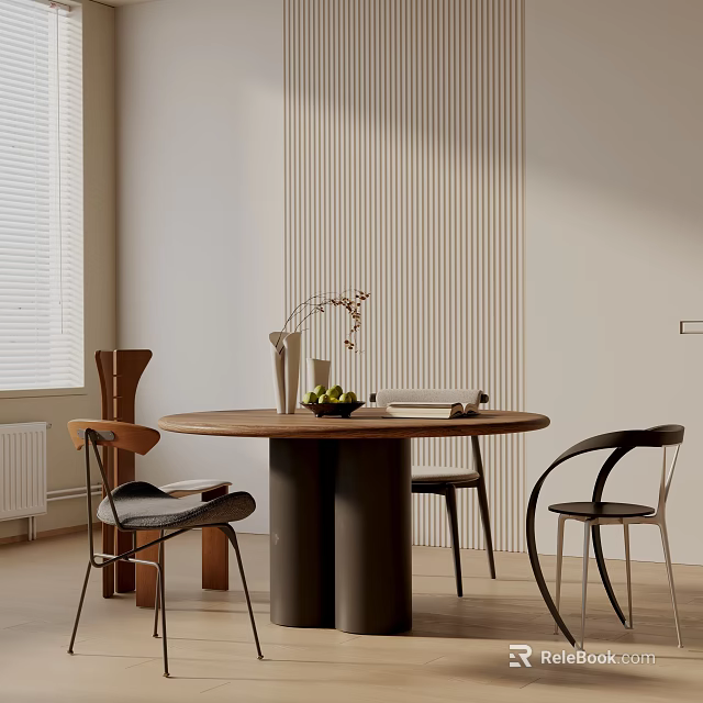 Modern Round Dining Table Set With Stylish Chairs Vase And Fruit Bowl Striped Wall Interior 3d model 