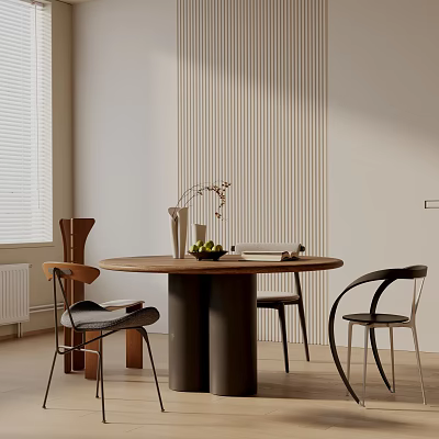 Modern Round Dining Table Set With Stylish Chairs Vase And Fruit Bowl Striped Wall Interior 3d model
