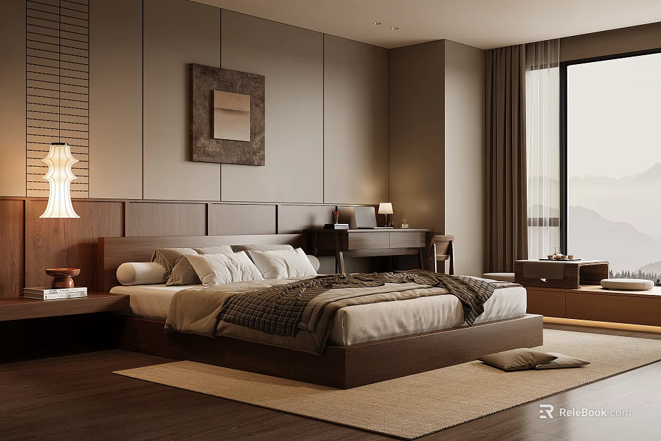 Modern Elegant Bedroom Interior With Dark Brown Bed Frame Wooden Nightstand Desk Mountain View Window 3d model 