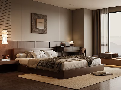 Modern Elegant Bedroom Interior With Dark Brown Bed Frame Wooden Nightstand Desk Mountain View Window 3d model