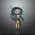 3D Model Adventurous Cartoon Character With Blue Hair Big Eyes Green Coat And Staff