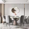 Elegant Modern Restaurant Dining Area With Round Table Gray Chairs And Circular Wall Art 3d model