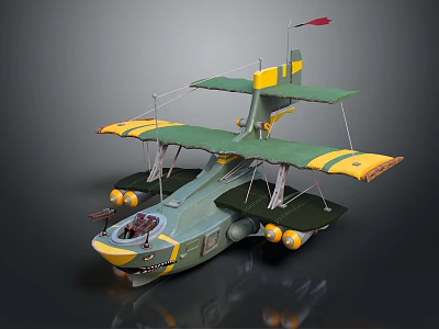 Vintage Green Yellow Space Aerospace Model Aircraft With Shark Mouth Twin Wings And Floats 3d model