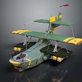 Vintage Green Yellow Space Aerospace Model Aircraft With Shark Mouth Twin Wings And Floats