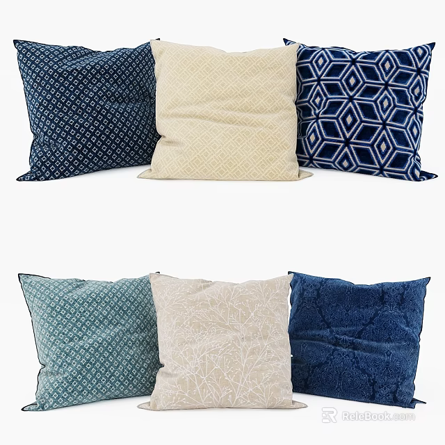 Decorative Throw Pillows With Navy Blue Beige Teal Cream Colors And Various Patterns 3d model