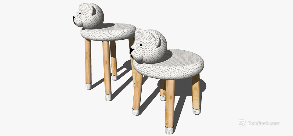Cute Children's Chairs With Bear Head Backrest Round Padded Seat And Wooden Legs 3d model 