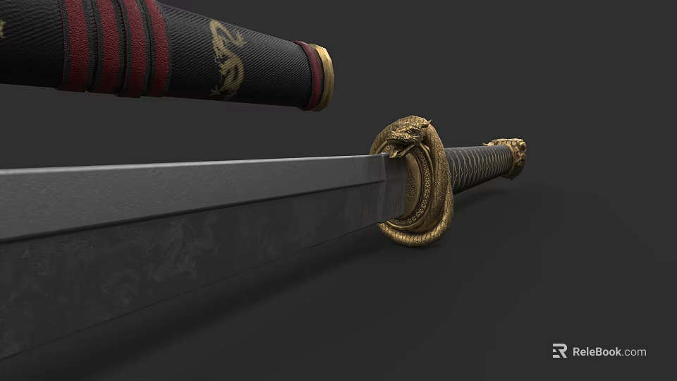 Traditional Decorative Sword With Black Scabbard Red Stripes And Golden Snake Hilt 3d model 