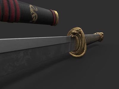 Traditional Decorative Sword With Black Scabbard Red Stripes And Golden Snake Hilt 3d model