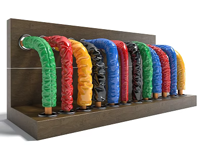 Colorful Curved Objects Arranged On Wooden Display Rack With Various Colors 3d model