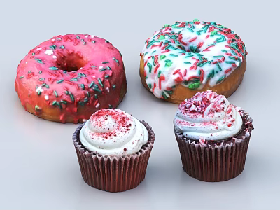 Colorful Frosted Donuts and Cupcakes with Pink White Red Green Sprinkles 3d model