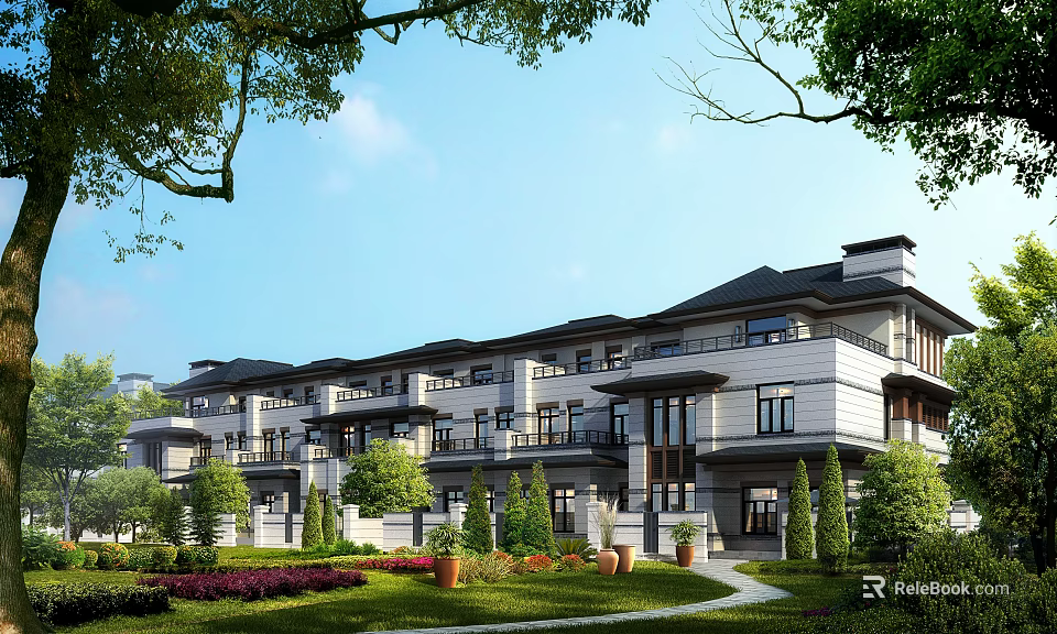 Elegant Modern Townhouse Exterior With Landscaped Gardens Lawn Trees Pathway And Balconies 3d model 