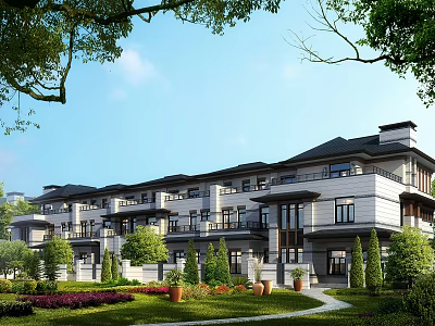 Elegant Modern Townhouse Exterior With Landscaped Gardens Lawn Trees Pathway And Balconies 3d model