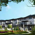 Elegant Modern Townhouse Exterior With Landscaped Gardens Lawn Trees Pathway And Balconies