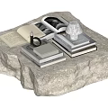 Open Books and Magazines with Magnifying Glass and White Sculpture on Stone Surface