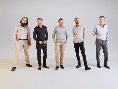 Five Men Standing Together in Different Casual and Smart Outfits Against Light Grey Background 3d model