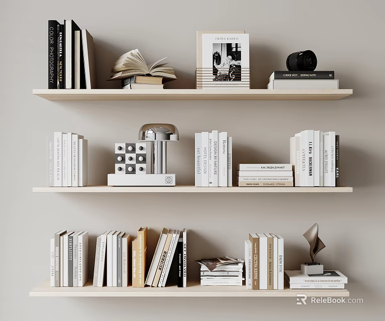 Books and Magazines Neatly Arranged on Wooden Bookshelves with Decorative Lamp Sculpture and Open Book 3d model 
