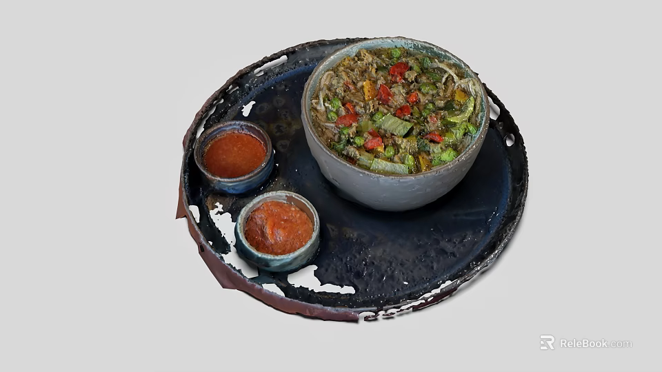 Delicious Noodle Bowl With Fresh Vegetables Meat And Two Small Sauce Bowls On Black Tray 3d model 