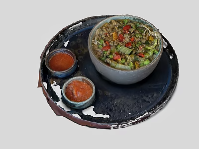 Delicious Noodle Bowl With Fresh Vegetables Meat And Two Small Sauce Bowls On Black Tray 3d model