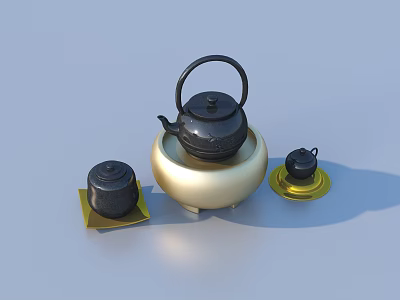Classic Tea Set With Black Teapot Golden Base And Black Teacups On Yellow Trays 3d model