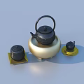 Classic Tea Set With Black Teapot Golden Base And Black Teacups On Yellow Trays