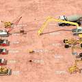 Industrial Equipment With Cranes Concrete Mixer Trucks Excavators Loaders and Road Rollers