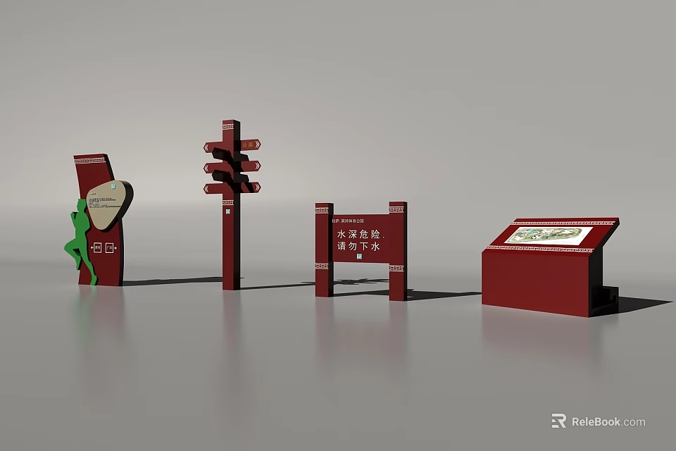 Red Directional And Informational Billboard Signage With Modern Design 3d model
