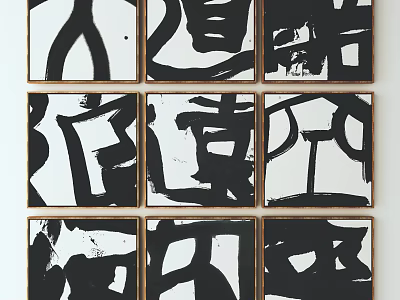 Black And White Abstract Paintings Nine Wooden Framed Wall Art 3d model