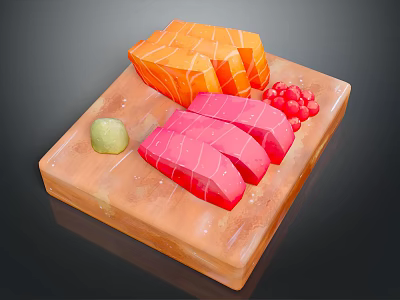 Fresh Salmon and Tuna Sashimi Platter on Wooden Board with Wasabi and Pickled Ginger 3d model