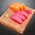 Fresh Salmon and Tuna Sashimi Platter on Wooden Board with Wasabi and Pickled Ginger