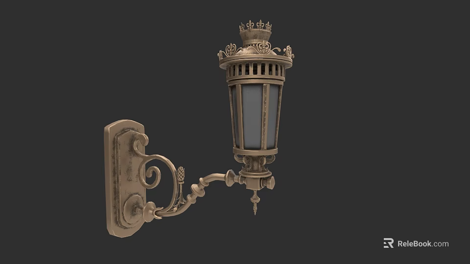 Vintage Decorative Wall Lamp With Crown Top Intricate Carvings And Glass Panel 3d model 