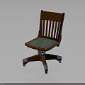 Classic Wooden Office Chair With Vertical Slat Backrest Green Fabric Cushion And Metal Wheeled Base