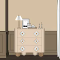Elegant White Sideboard with Decorative Drawers Table Lamp Photo Frame Candlesticks in Beige Wall