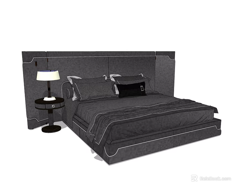 Modern Double Bed With Gray Headboard Bedding Pillows And Nightstand Table Lamp 3d model