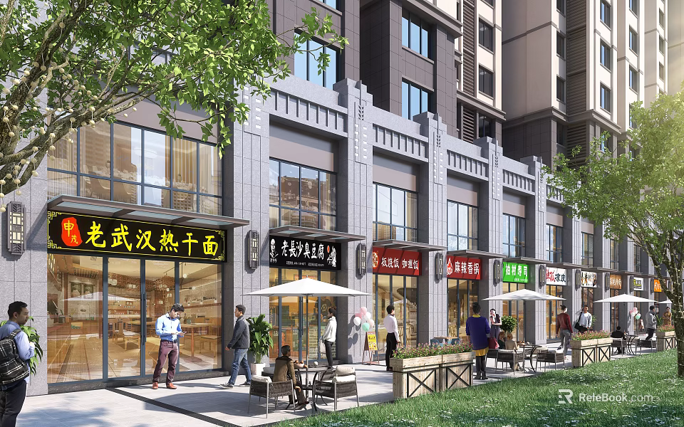 Bustling Commercial Street With Chinese Snack Shops Pedestrians Outdoor Seating And Modern Buildings 3d model 