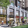 Bustling Commercial Street With Chinese Snack Shops Pedestrians Outdoor Seating And Modern Buildings
