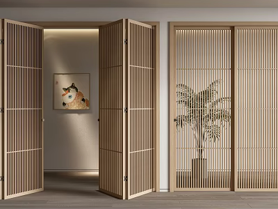 Modern Folding Doors With Wooden Lattice Design In Interior Featuring Wall Art And Plant 3d model